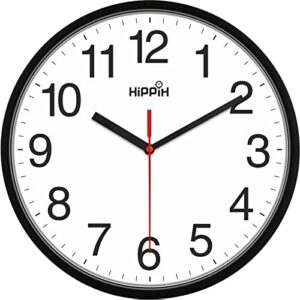 hippih clock black wall clock silent non ticking quality quartz – 10 inch round easy to read for home office & school decor clock