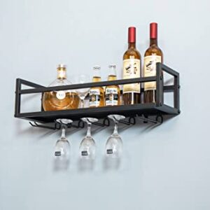Fhesap Wall Mounted Wine Rack, Hanging Wine Rack, Wine Glass Rack Holds Wine Bottles and 5 Stemware Glass Holder, Metal Wine Storage Rack for Home Kitchen, Dining Room, Bar Décor, Black