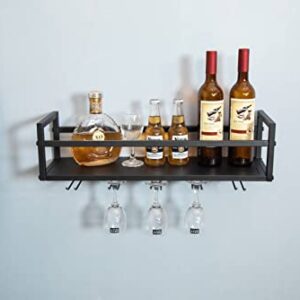 Fhesap Wall Mounted Wine Rack, Hanging Wine Rack, Wine Glass Rack Holds Wine Bottles and 5 Stemware Glass Holder, Metal Wine Storage Rack for Home Kitchen, Dining Room, Bar Décor, Black