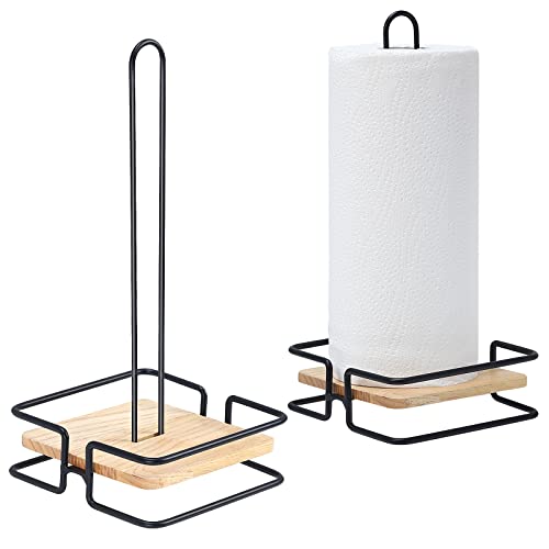 2 Pack Wood Paper Towel Holder, Paper Towel Holder Black Kitchen Roll Holder, for Kitchen Roll Organize, One-Handed Operation Countertop Roll Dispenser