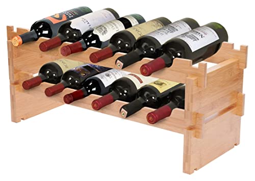 Modular Stackable Bamboo Wooden Wine Rack; Easy to Assemble & Add Levels; Bottles Rest Slanting Downwards to Keep Corks Moist; for Kitchen, Pantry, Cellar Storage (12 Bottle Capacity, 6 x 2 Rows)