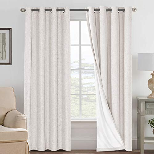 H.VERSAILTEX Linen Blackout Curtains 84 Inches Long 100% Absolutely Blackout Thermal Insulated Textured Linen Look Curtain Draperies Anti-Rust Grommet, Energy Saving with White Liner, 2 Panels, Ivory