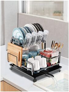 pretysnow dish drying rack with drainboard – 2 tier dish racks for kitchen counter, large dishes drainer with auto drainage, carbon steel disk strainer set, black