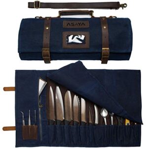 asaya waxed canvas knife roll – 15 knife slots, card holder and large zippered pocket – genuine leather, cloth and brass buckles – for chefs and culinary students – knives not included
