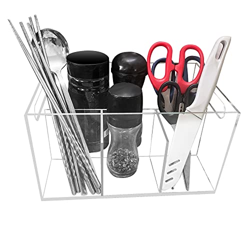 ChengFu Acrylic Utensil Caddy, RV Utensil Caddy, Silverware, Napkin Holder, and Condiment Organizer, 4 Compartments, Organizes Forks, Knives, Spoons, Plates & more, Ideal for Kitchen, Dining, Picnics