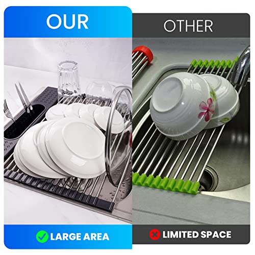 NiHome 17.5’’x15.3’’ Roll Up Dish Drying Rack with Side Utensil Holder Tray Over Sink Detachable Foldable Collapsible Stainless Steel Multipurpose Kitchen Drainer (Black)