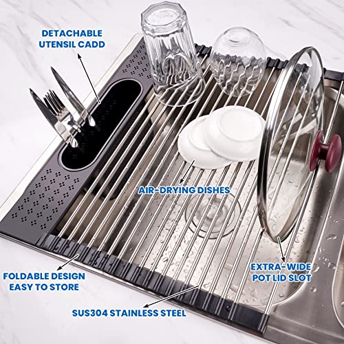 NiHome 17.5’’x15.3’’ Roll Up Dish Drying Rack with Side Utensil Holder Tray Over Sink Detachable Foldable Collapsible Stainless Steel Multipurpose Kitchen Drainer (Black)