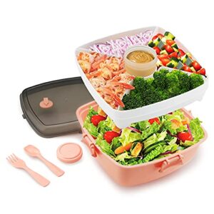 GREENRAIN Salad Lunch Container To Go - 40-oz Salad Bowl with 5-Compartments Bento Style Tray, BPA-Free Leak-Proof Lunch Box with Reusable Fork Spoon and Sauce Container for Food Snack (Pink)