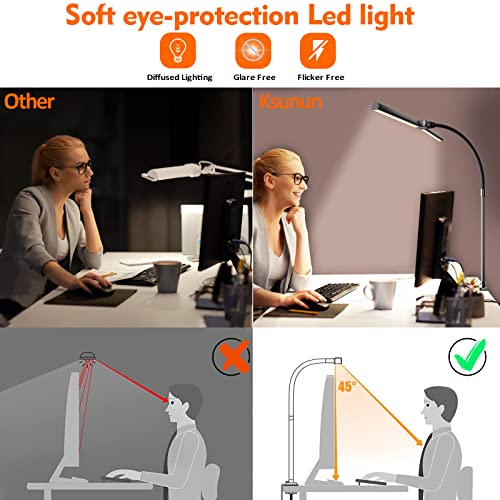 Ksunun Double Head LED Desk Lamp, Architect Desk Lamps for Home Office, 24W Brightest Workbench Office Lighting-5 Color Modes and 5 Dimmable Eye Protection Modern Desk Lamp for Monitor Studio Reading