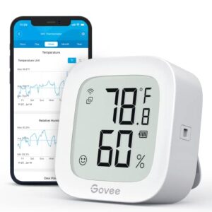 govee wifi thermometer hygrometer h5103, indoor bluetooth temperature humidity sensor with electronic ink display, app notification alert, free data storage export, digital remote monitor for bedroom