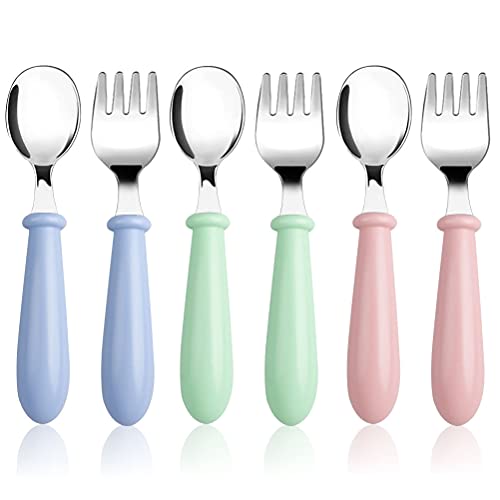 6 Pieces Toddler Utensils Stainless Steel Baby Forks and Spoons Silverware Set Kids Silverware Children's Flatware Kids Cutlery Set with Round Handle for LunchBox, 3 x Safe Forks, 3 x Children Spoons