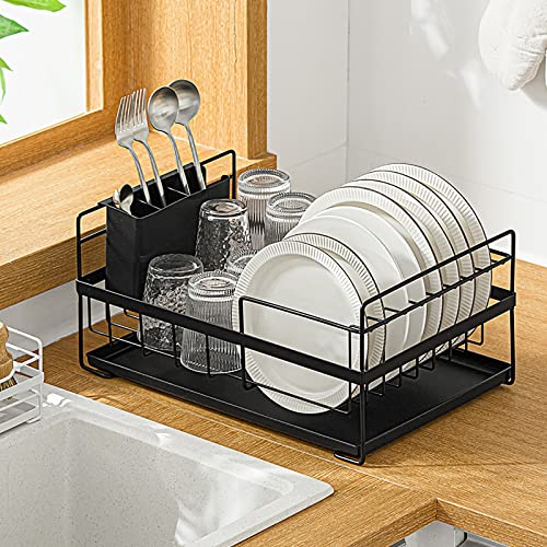 Cedilis 3-Piece Dish Drying Rack, Black Dish Drainer with Removable Drip Tray and Utensil Holder, Stylish Dish Rack for Kitchen Countertop