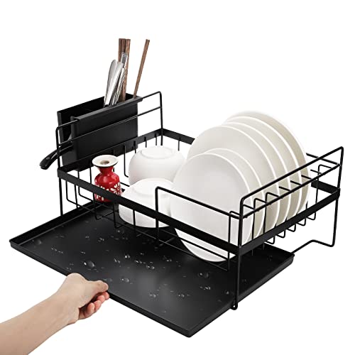 Cedilis 3-Piece Dish Drying Rack, Black Dish Drainer with Removable Drip Tray and Utensil Holder, Stylish Dish Rack for Kitchen Countertop