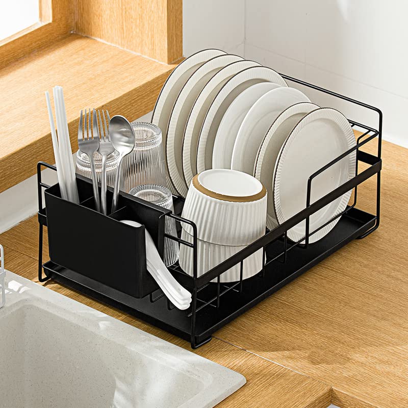 Cedilis 3-Piece Dish Drying Rack, Black Dish Drainer with Removable Drip Tray and Utensil Holder, Stylish Dish Rack for Kitchen Countertop