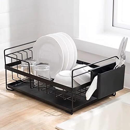 Cedilis 3-Piece Dish Drying Rack, Black Dish Drainer with Removable Drip Tray and Utensil Holder, Stylish Dish Rack for Kitchen Countertop