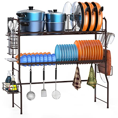 Skycarper Over The Sink Dish Drying Rack 2 Tier Organizer Shelf with Pan and Pot Rack