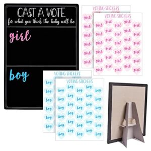 baby gender reveal board game with 120 girl or boy voting stickers, cast your vote sign with stand for party decorations (chalkboard design)