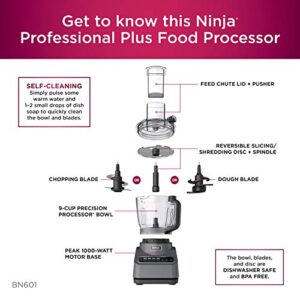 Ninja BN601 Professional Plus Food Processor, 1000 Peak Watts, 4 Functions for Chopping, Slicing, Purees & Dough with 9-Cup Processor Bowl, 3 Blades, Food Chute & Pusher, Silver