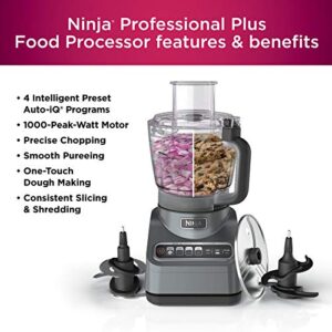 Ninja BN601 Professional Plus Food Processor, 1000 Peak Watts, 4 Functions for Chopping, Slicing, Purees & Dough with 9-Cup Processor Bowl, 3 Blades, Food Chute & Pusher, Silver