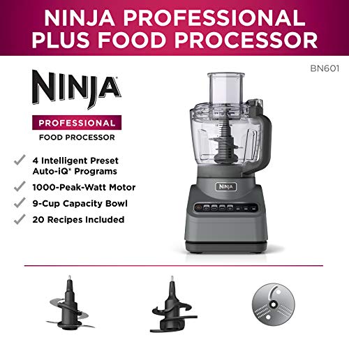 Ninja BN601 Professional Plus Food Processor, 1000 Peak Watts, 4 Functions for Chopping, Slicing, Purees & Dough with 9-Cup Processor Bowl, 3 Blades, Food Chute & Pusher, Silver