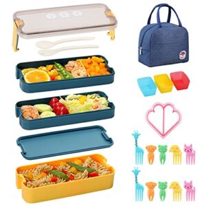 onanuto bento box adult lunch box, 3 in 1 – kids bento box kit with sandwich cutters, microwave safe lunch containers with lunch bag stackable bento lunch box set (blue)