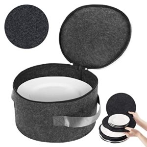 pehciroe plate storage case with lid, 12″ felt china storage containers dinnerware storage box with 2 handles & 12 felt dividers for storing and organizing dinnerware dishes, dark gray