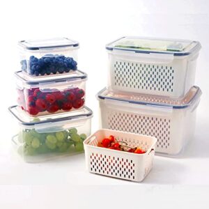 5 PCS Large Fruit Containers for Fridge - Leakproof Food Storage Containers with Removable Colander - Dishwasher & microwave safe Produce Containers Keep Fruits, Vegetables, Berry, Meat Fresh longer
