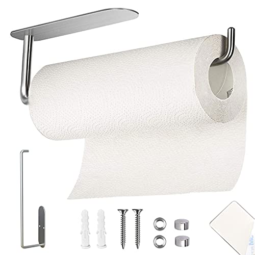 Under Cabinet Paper Towel Holder - 13'' Self Adhesive Paper Towel Holder Wall Mount Stainless Steel Toilet Paper Holder with Screw Hanging Towel Rack for Kitchen Bathroom Fit Large Paper Roll