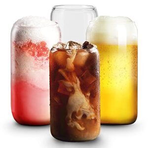 combler beer can glass set of 4, 16 oz can shaped glass cups, iced coffee cup, iced coffee glasses, drinking glasses, beer glasses, glass tumbler for smoothie, whiskey, cocktail, soda, boba tea, gift