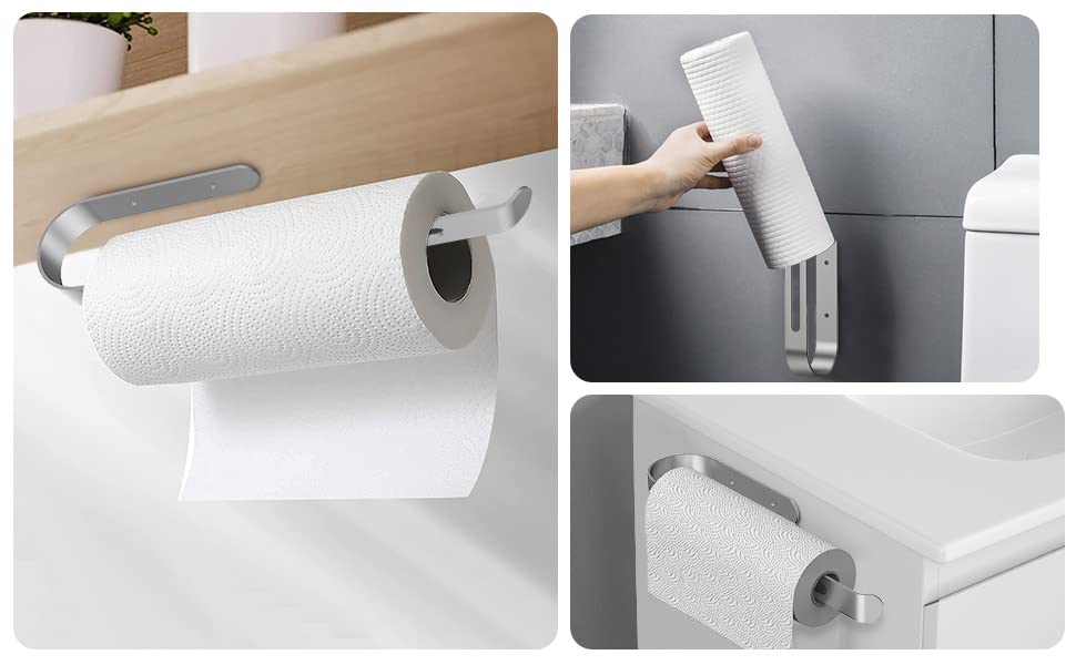 Paper Towel Holder, Hurran Adhesive Paper Towel Holder Sliver Under Cabinet, Countertop, Self-Adhesive Hanging or Drilling Wall Mounted Paper Towels Rolls Holder for Bathroom Kitchen