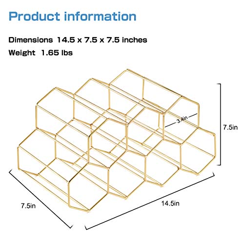 9 Bottles Metal Wine Rack, Countertop Free-Stand Wine Storage Holder, Space Saver Protector for Red & White Wines - Gold
