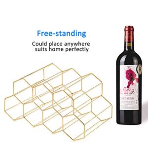 9 Bottles Metal Wine Rack, Countertop Free-Stand Wine Storage Holder, Space Saver Protector for Red & White Wines - Gold