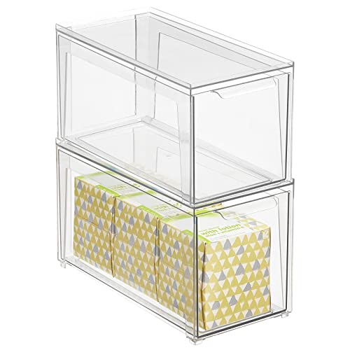 mDesign Plastic Stackable Bathroom Storage with Pull Out Bin Organizer Drawer for Cabinet, Vanity, Shelf, Cupboard, Cabinet, or Closet Organization - Lumiere Collection - 2 Pack - Clear