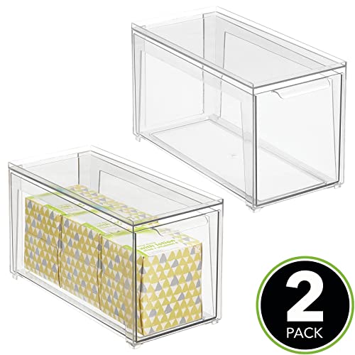 mDesign Plastic Stackable Bathroom Storage with Pull Out Bin Organizer Drawer for Cabinet, Vanity, Shelf, Cupboard, Cabinet, or Closet Organization - Lumiere Collection - 2 Pack - Clear