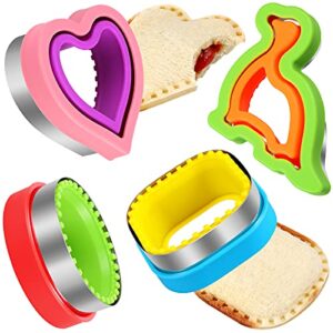 HINZER Sandwich Cutter and Sealer Set Uncrustables Maker 4 Pcs Bread Decruster Sandwich Cutter Pancake Maker Heart Square Circle Dinosaur Shape DIY Cookie Cutters Gift for Kids Adult Boys Girls