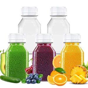 manshu 8 oz plastic juice bottles, reusable bulk beverage containers, with white tamper evident lids for juice, milk and other beverages 5 pack.