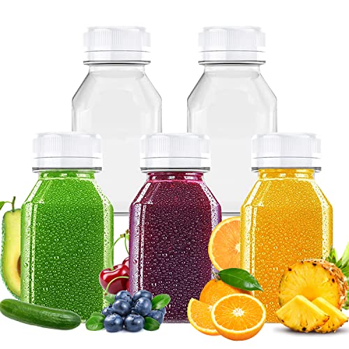 MANSHU 8 OZ Plastic Juice Bottles, Reusable Bulk Beverage Containers, with White Tamper Evident Lids for Juice, Milk and Other Beverages 5 Pack.