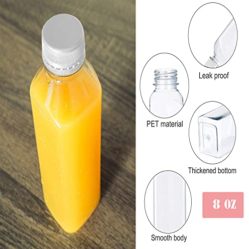 MANSHU 8 OZ Plastic Juice Bottles, Reusable Bulk Beverage Containers, with White Tamper Evident Lids for Juice, Milk and Other Beverages 5 Pack.