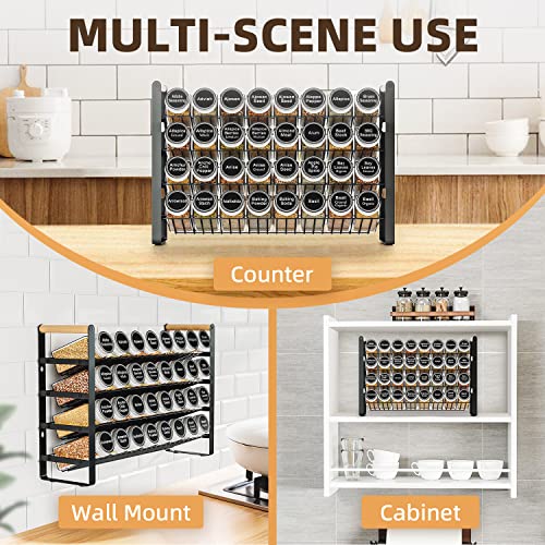 AHNR 4 Tier Spice Rack Organizer with 32 Spice Jars, 396 Spice Labels, Chalk Marker and Funnel Complete Set for Cabinet, Countertop or Wall Mount