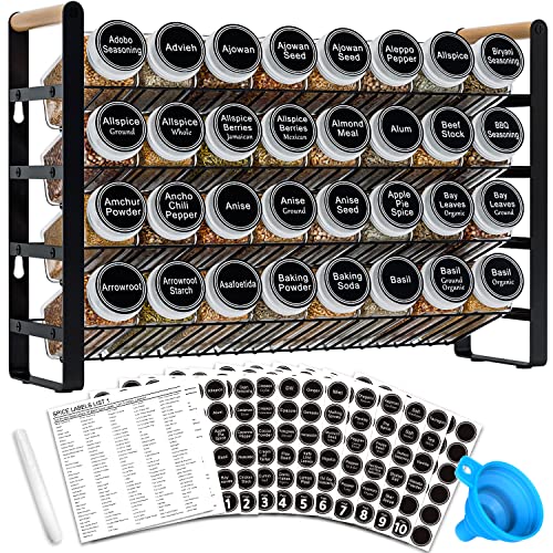 AHNR 4 Tier Spice Rack Organizer with 32 Spice Jars, 396 Spice Labels, Chalk Marker and Funnel Complete Set for Cabinet, Countertop or Wall Mount