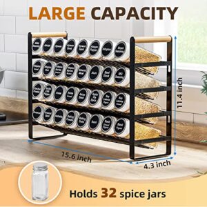 AHNR 4 Tier Spice Rack Organizer with 32 Spice Jars, 396 Spice Labels, Chalk Marker and Funnel Complete Set for Cabinet, Countertop or Wall Mount