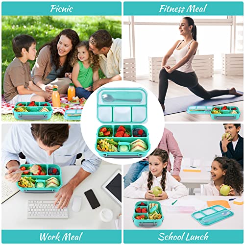 Zezzxu Bento Lunch Box for Kids and Adults, 1300 ML 4-Compartment Bento Box Set, Leak-Proof Plastic Lunch Containers Kit with Accessories, Microwave & Dishwasher & Freezer Safe (Green)