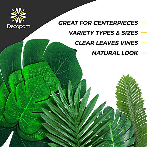 Decopom Palm Leaves Artificial Tropical Monstera-84Pcs 6 Kinds Large Small Green Fake Palm Leaf with Stems for Safari Jungle Hawaiian Luau Party Table Decoration Wedding Birthday Theme Party