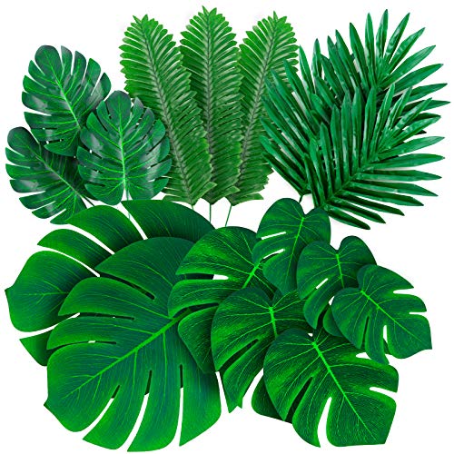 Decopom Palm Leaves Artificial Tropical Monstera-84Pcs 6 Kinds Large Small Green Fake Palm Leaf with Stems for Safari Jungle Hawaiian Luau Party Table Decoration Wedding Birthday Theme Party