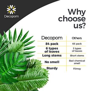 Decopom Palm Leaves Artificial Tropical Monstera-84Pcs 6 Kinds Large Small Green Fake Palm Leaf with Stems for Safari Jungle Hawaiian Luau Party Table Decoration Wedding Birthday Theme Party