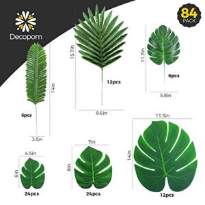 Decopom Palm Leaves Artificial Tropical Monstera-84Pcs 6 Kinds Large Small Green Fake Palm Leaf with Stems for Safari Jungle Hawaiian Luau Party Table Decoration Wedding Birthday Theme Party