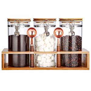 gurudar glass coffee storage container with bamboo shelf, 3pcs 49oz airtight sealed coffee bean jar with clamp lid & measuring spoon, kitchen pantry canister set for ground coffee sugar tea flour