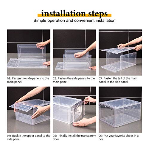 Attelite Drop Front Shoe Box,Set of 6,Stackable Plastic Shoe Box with Clear Door, As Shoe Storage Box and Clear Shoe Box,For Display Sneakers,Easy Assembly,Fit up to US Size 12(13.4”x 10.6”x 7.4”)