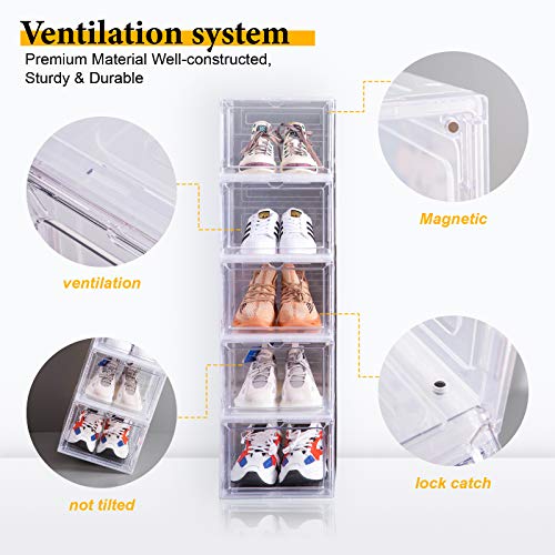 Attelite Drop Front Shoe Box,Set of 6,Stackable Plastic Shoe Box with Clear Door, As Shoe Storage Box and Clear Shoe Box,For Display Sneakers,Easy Assembly,Fit up to US Size 12(13.4”x 10.6”x 7.4”)