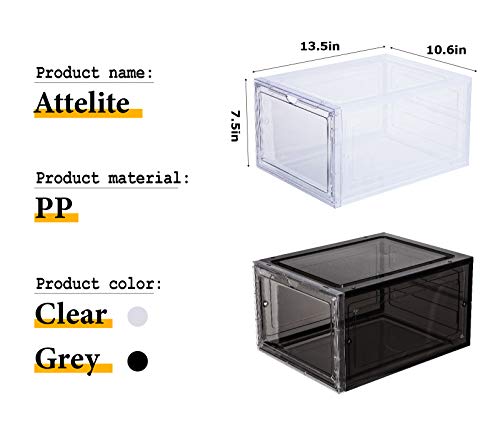 Attelite Drop Front Shoe Box,Set of 6,Stackable Plastic Shoe Box with Clear Door, As Shoe Storage Box and Clear Shoe Box,For Display Sneakers,Easy Assembly,Fit up to US Size 12(13.4”x 10.6”x 7.4”)